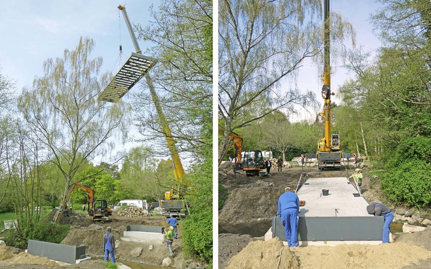 Fußgängerbrücke Friedhof Öjendorf Einpassung Brückenelements